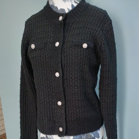 Truth By Republic Sweaters - Cardigan Black Textured-Knit Cotton Blend with Bling Buttons, new XS